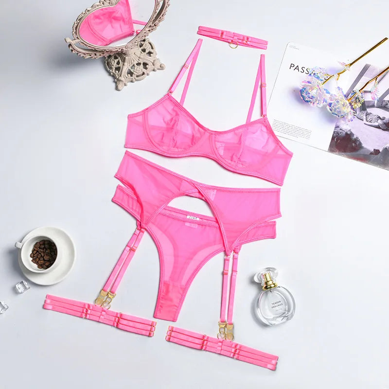 4-Piece Lace Bra Set Women Mesh Panty Underwear Set 8 Colors Transparent Sexy Lingerie Set