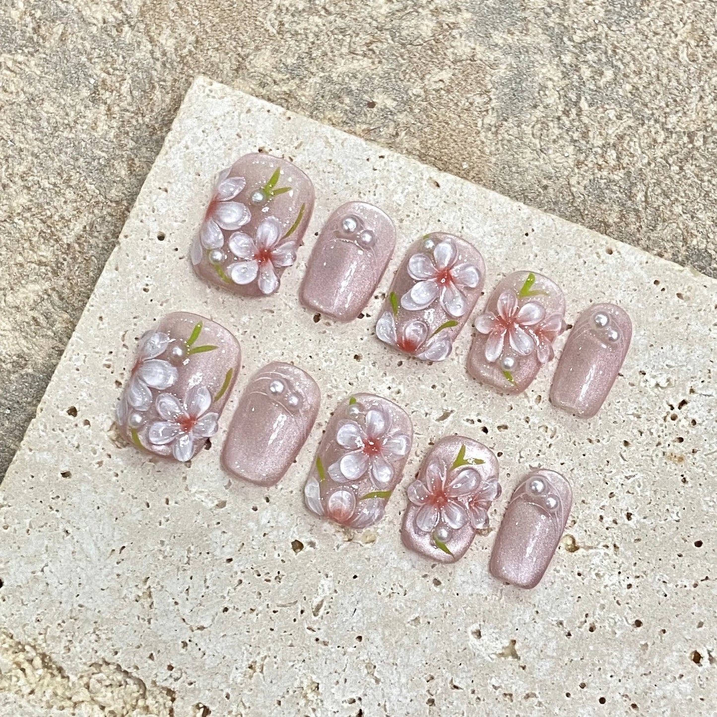 10pcs Black Pink French Style With Hand Painted 3D Flower Designs