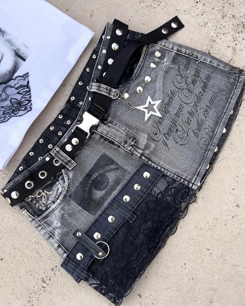 New Fashion Geometric Letter Printing Patch Nail Slim Skirt Harajuku Popular Sexy Spice Girl Dress Ultra-short A-line Skirt