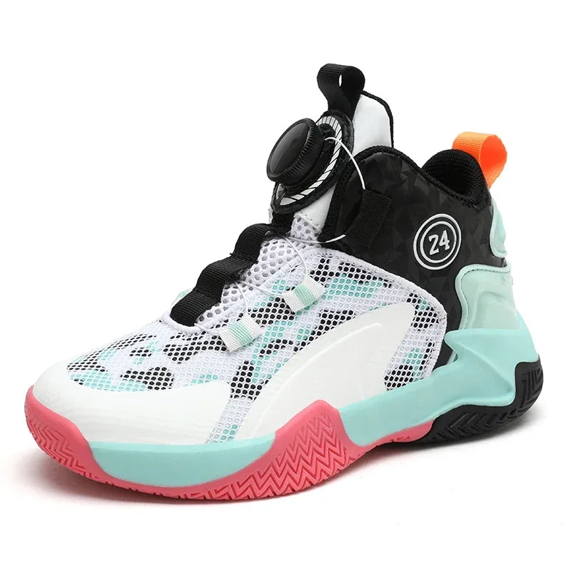 Children's Basketball Shoes Breathable Boys Girls Button Anti-Slip Sports Kid Outdoor Leather Cushioned Trainer Sneakers