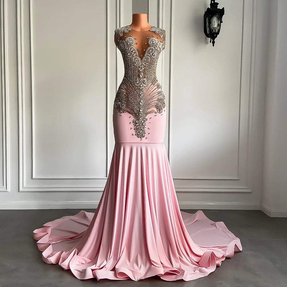Long Sparkly Sexy Sheer Top Luxury Diamond Light Blue Mermaid Prom Gala Party Gowns