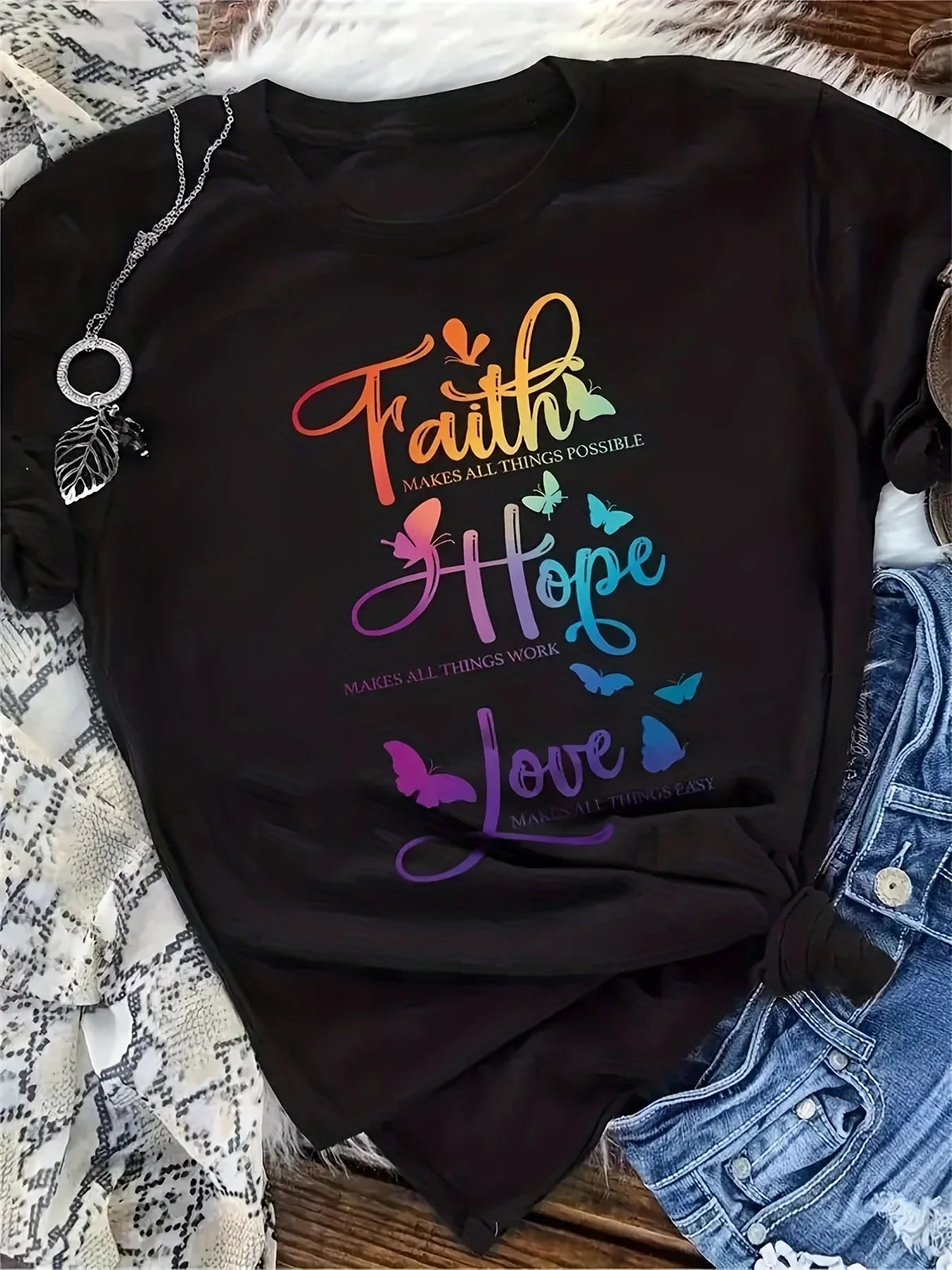 Casual T-shirt Women's Plus Butterfly & Slogan Print Short Sleeve Round Neck Slight Stretch T-shirt