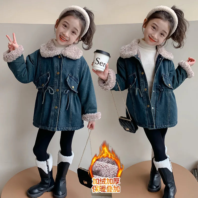 Winter Girls Jacket Kids Baby Girl Thicken Warm Fleece Velvet Coat Children Girl Denim Parkas Outerwear Jackets Clothes 2-8yrs