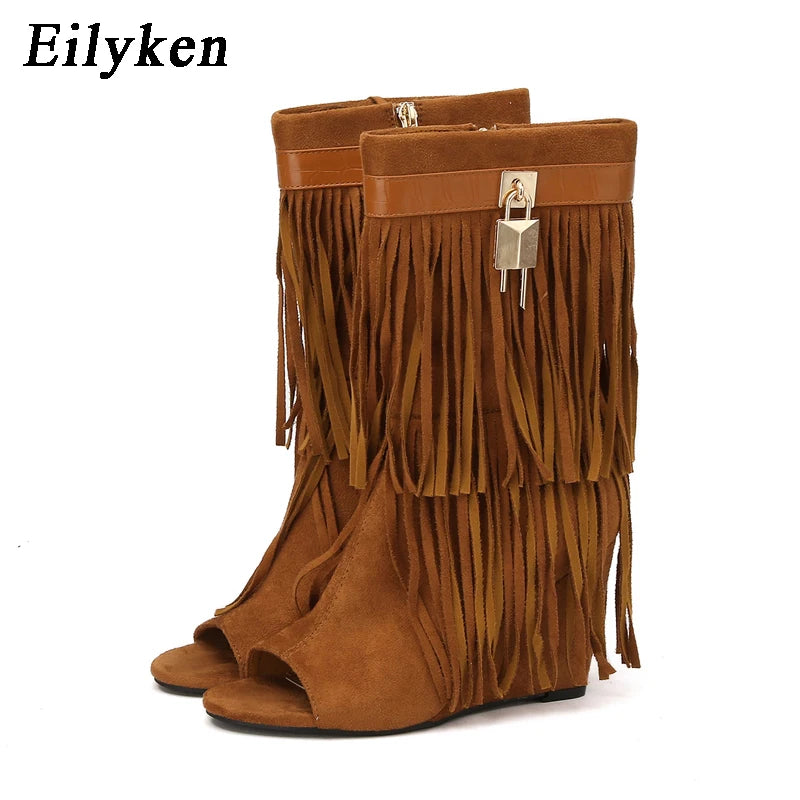 Eilyken Designer Fringe Wedges Boot Sandals Woman High Heels Open Toe Party Prom Shoes 2025 Sexy Zipper Female Pumps