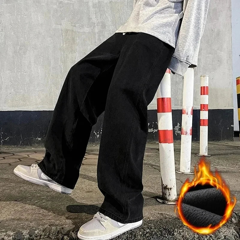 Winter Fleece Loose Jeans, Loose Straight Velvet Warm and Comfortable Elastic Waist Wide Leg Pants Brand Men's Clothing