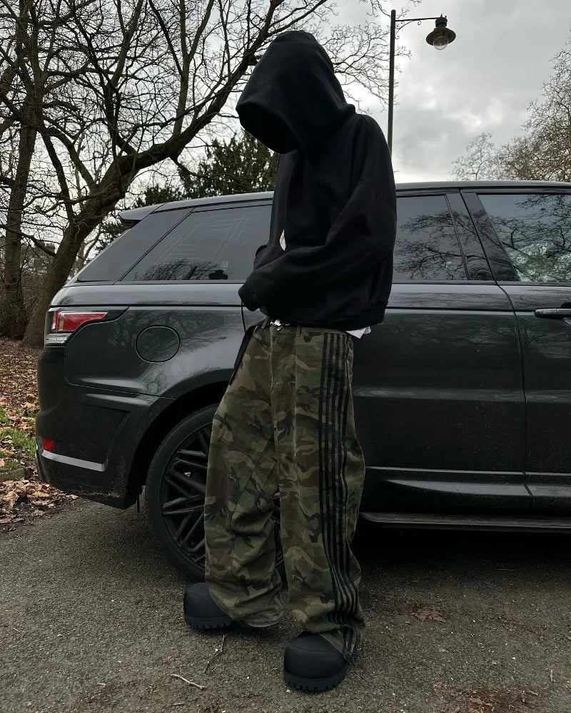 2025 Men Y2k pants Harajuku retro streetwear casual loose striped jeans New Gothic fashion camouflage design wide-leg pants
