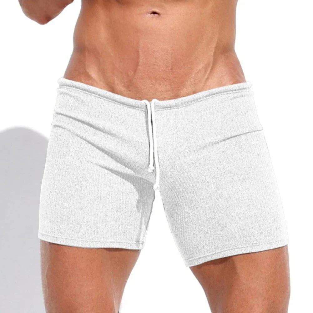 Mens Sexy Drawstring Ribbed Sleepwear Shorts Outdoor Sports Jogging Gym Sportswear Short Pants Holiday Casual Slim Male Shorts