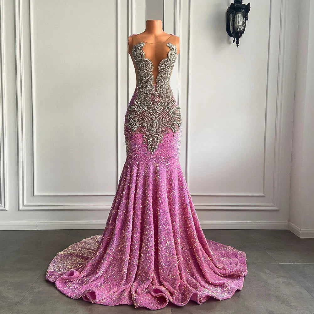 Sexy Long Sparkly Sheer O-neck Luxury Silver Crystals Diamond Sequin Mermaid