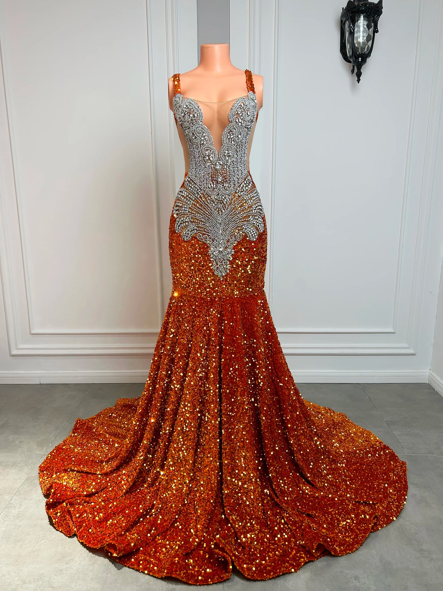Gorgeous Long Mermaid Style Luxury Sparkly Silver Crystals Red Sequin
