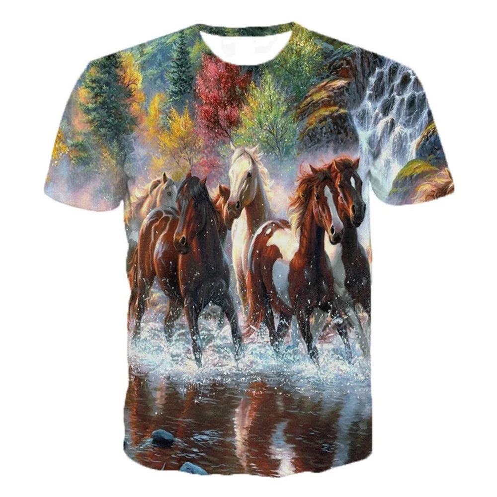 3d Animal Horse T Shirt Short Sleeve Polyester Kids 3-12 Years Clothes
