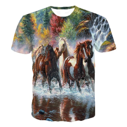 3d Animal Horse T Shirt Short Sleeve Polyester Kids 3-12 Years Clothes