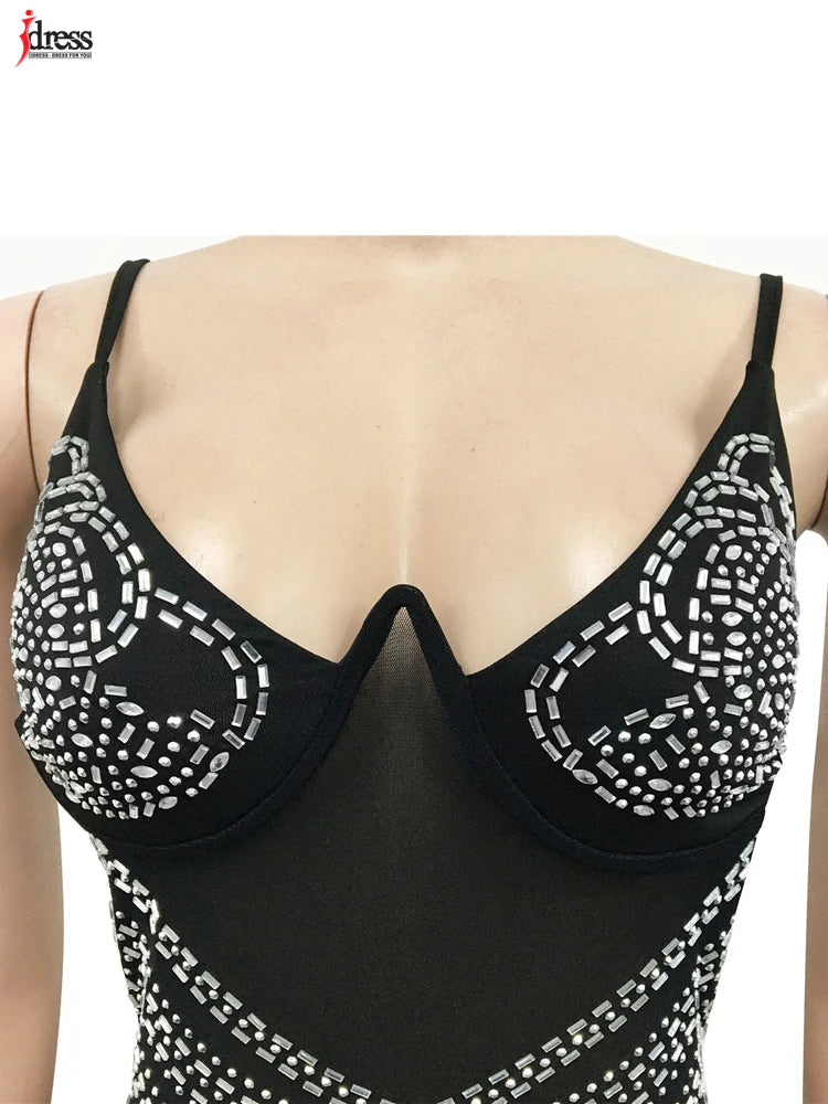 Sexy Sparkle Mesh Sheer Rhinestones Maxi Dress