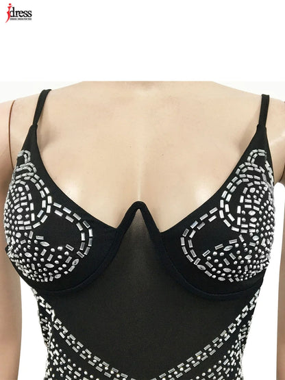 Sexy Sparkle Mesh Sheer Rhinestones Maxi Dress