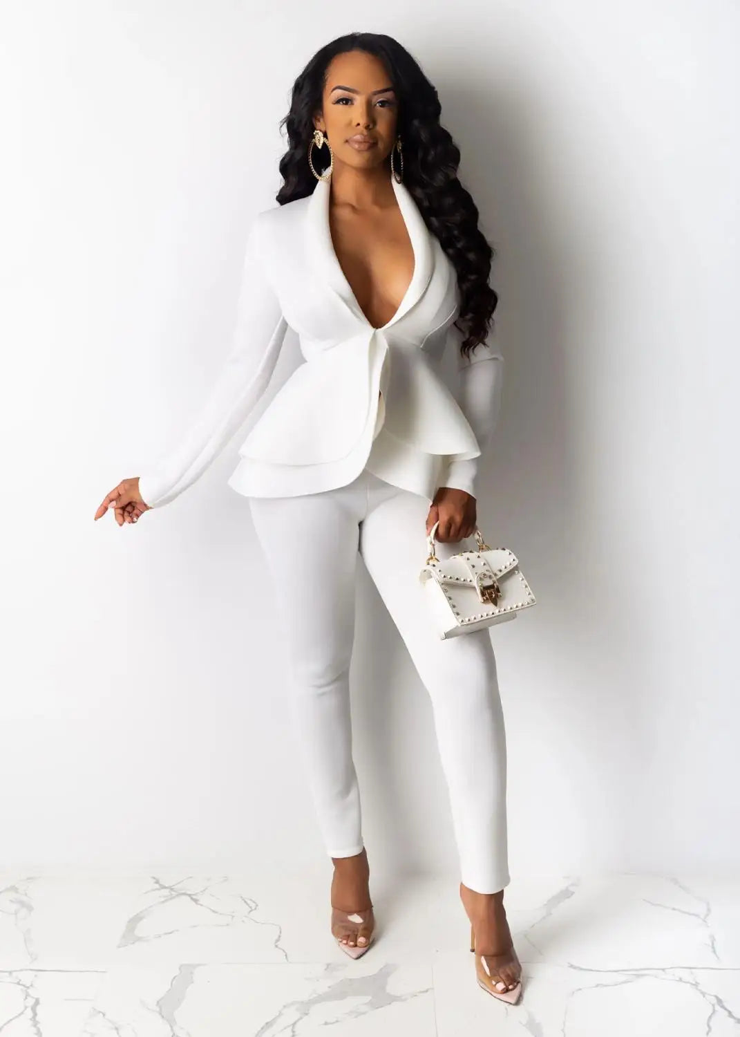 Women's Tracksuit Full Sleeve Ruffles Blazers Pencil Pants Suit Two Piece