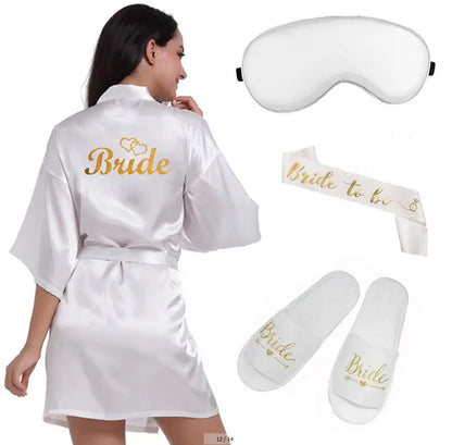 4pc set of glitter gold bride satin short bride robe slippers bridal sash peignoir women Bridal Party 2019 kimono robe