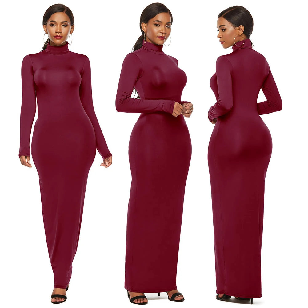 Plus Size Women Long Sleeve Turtleneck Bodycon Maxi Dress