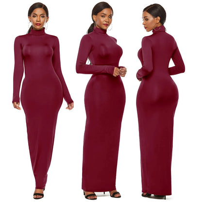 Plus Size Women Long Sleeve Turtleneck Bodycon Maxi Dress