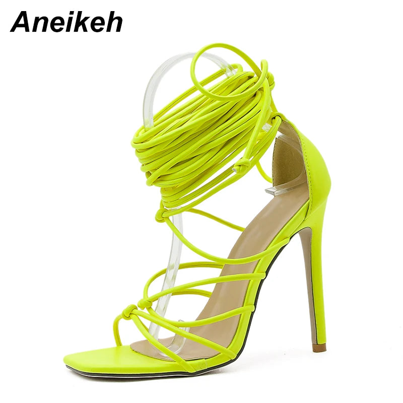 Aneikeh NEW Summer Sexy Women's Sandals Narrow Band Slides Ladies Gladiator Party Thin Heels Square Toe colourful Shoes Fashion