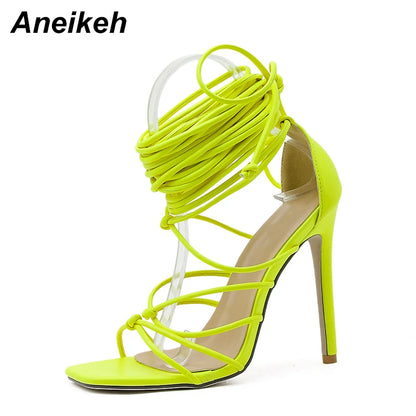 Aneikeh NEW Summer Sexy Women's Sandals Narrow Band Slides Ladies Gladiator Party Thin Heels Square Toe colourful Shoes Fashion