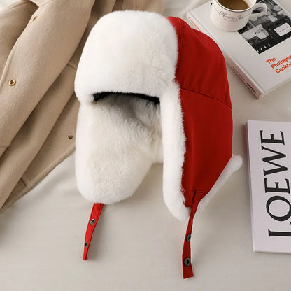 Fur Hat for Women Natural Rex Rabbit Fur Russian Ushanka Hats Winter Thick Warm Ears Fashion Bomber Cap