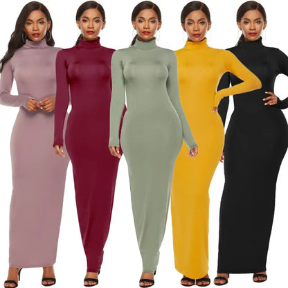 Plus Size Women Long Sleeve Turtleneck Bodycon Maxi Dress