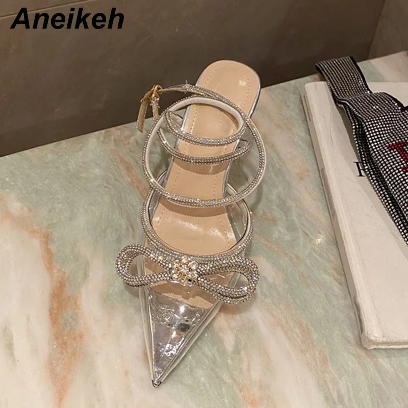 Aneikeh Spring/Autumn 2025 Women's Shoes Fashion Butterfly-Knot Narrow Band Bling Patchwork Cross-Tied Crystal Pointed Toe Pumps