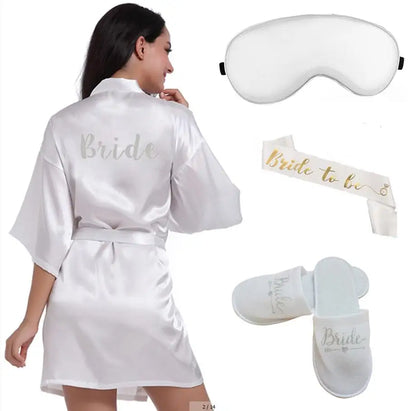 4pc set of glitter gold bride satin short bride robe slippers bridal sash peignoir women Bridal Party 2019 kimono robe