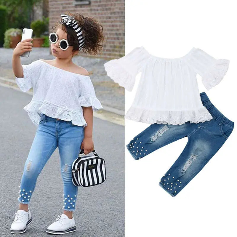 1-6Years Kids Baby Girls Clothes Set Off Shoulder White Lace Tops Shirt Pearl Denim Long Pants Jeans