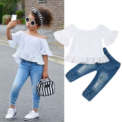 1-6Years Kids Baby Girls Clothes Set Off Shoulder White Lace Tops Shirt Pearl Denim Long Pants Jeans