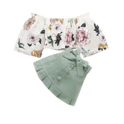 1-6Y Kids Girls Autumn Clothes Sets Floral Off Shoulder Long Sleeve Tops + Buttons Mini Skirts Children Casual Outfits