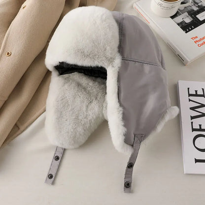 Fur Hat for Women Natural Rex Rabbit Fur Russian Ushanka Hats Winter Thick Warm Ears Fashion Bomber Cap