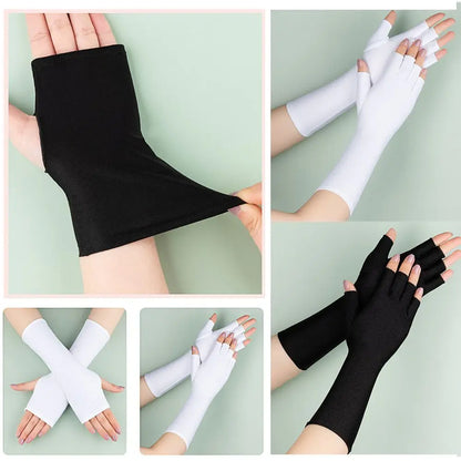 1Pair Sunscreen Protection Fingerless Long Gloves Women Arm Cool Summer Solid Mittens Half Finger Sleeves Black White Nude