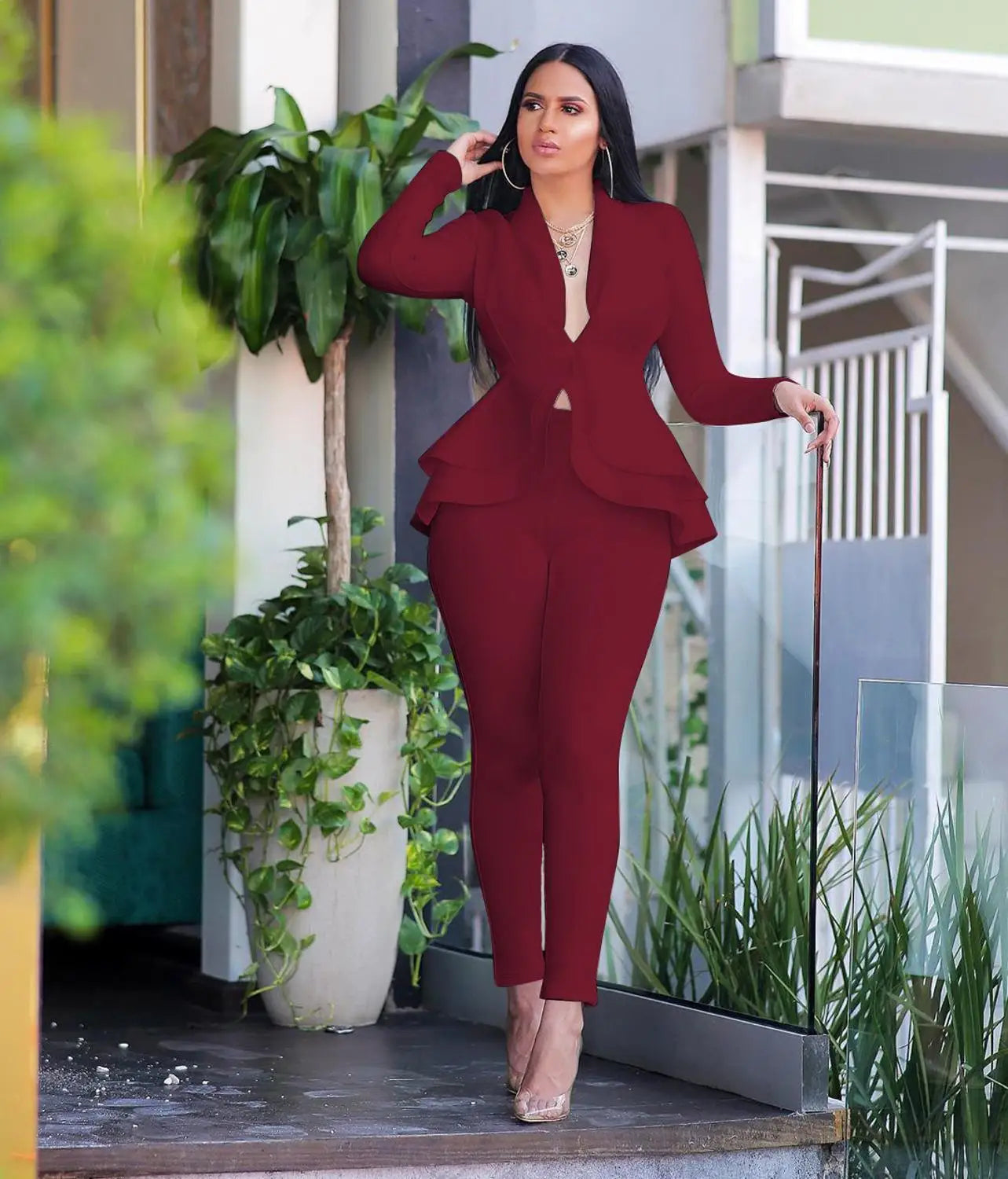 Women's Tracksuit Full Sleeve Ruffles Blazers Pencil Pants Suit Two Piece
