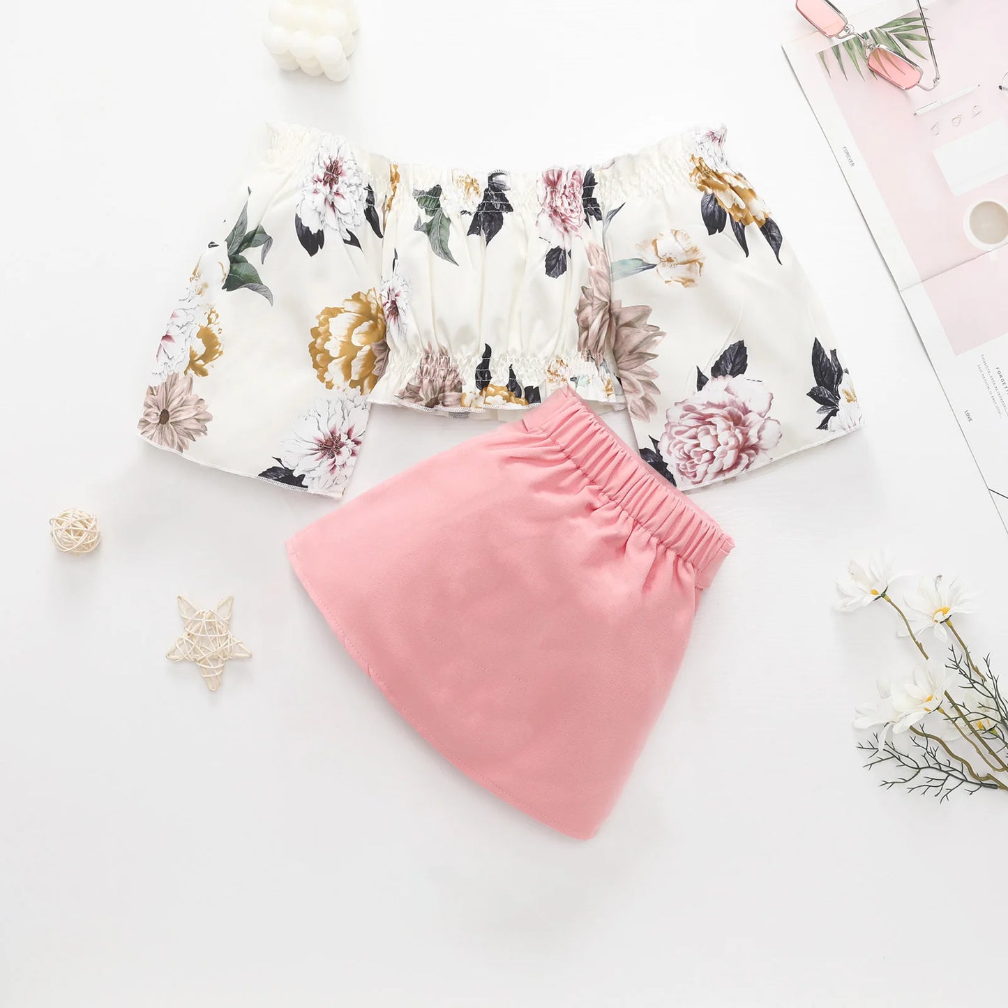 1-6Y Kids Girls Autumn Clothes Sets Floral Off Shoulder Long Sleeve Tops + Buttons Mini Skirts Children Casual Outfits