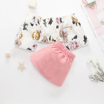 1-6Y Kids Girls Autumn Clothes Sets Floral Off Shoulder Long Sleeve Tops + Buttons Mini Skirts Children Casual Outfits