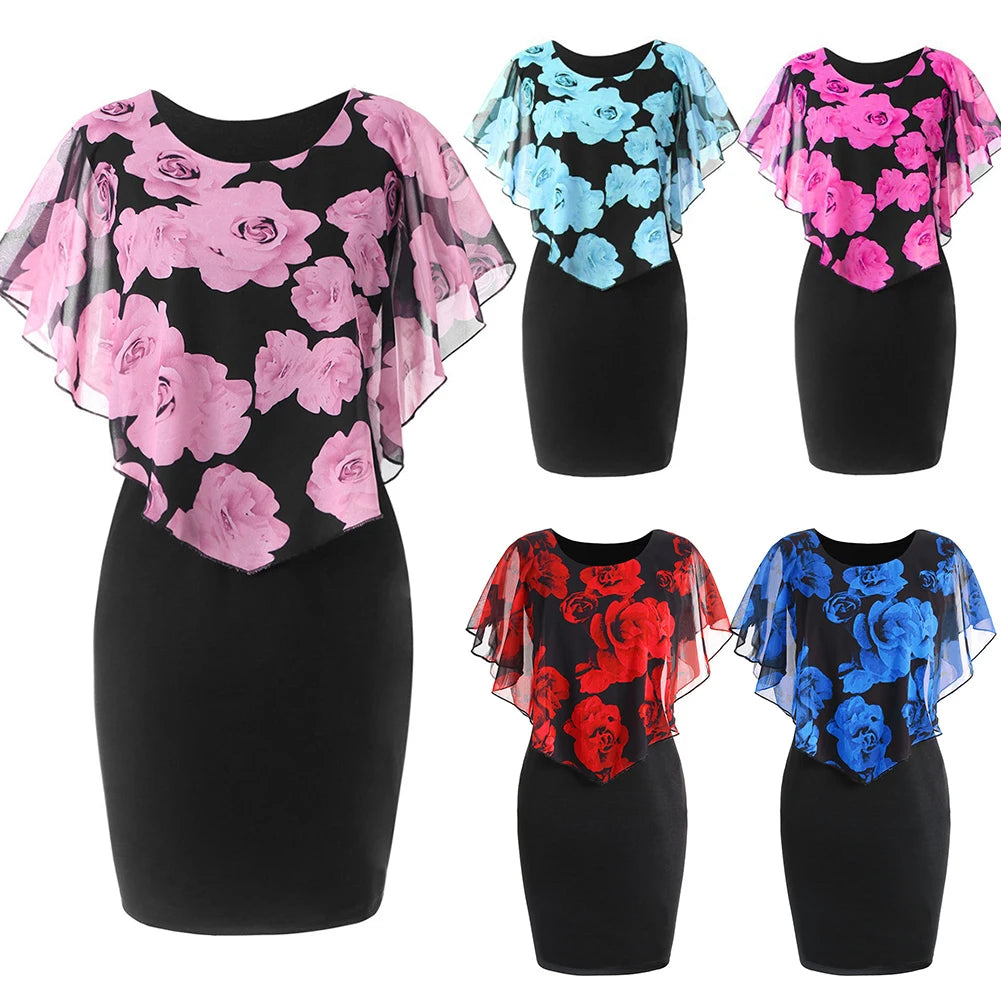 Elegant Rose Flower Print Cape Mesh Bodycon Knee Length Dresses
