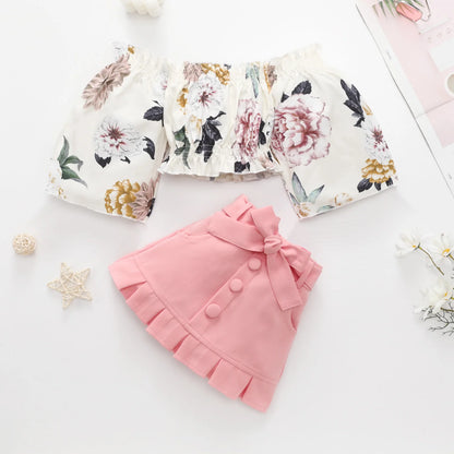 1-6Y Kids Girls Autumn Clothes Sets Floral Off Shoulder Long Sleeve Tops + Buttons Mini Skirts Children Casual Outfits