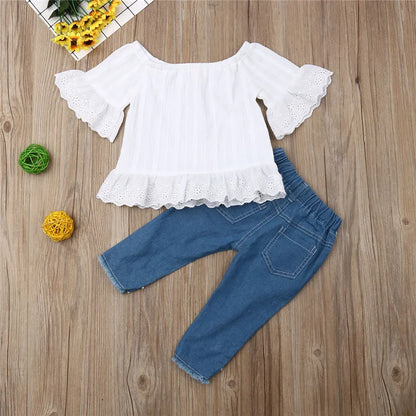 1-6Years Kids Baby Girls Clothes Set Off Shoulder White Lace Tops Shirt Pearl Denim Long Pants Jeans