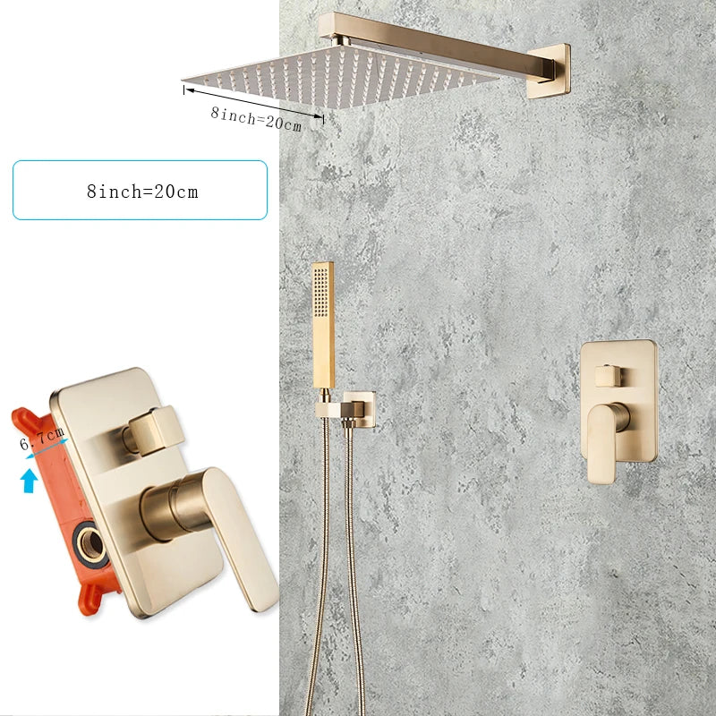 Wall Mounted Concealed Install Brushed Gold Shower Faucets Set Bathroom Shower System Shower Mixer Tap Rainfall