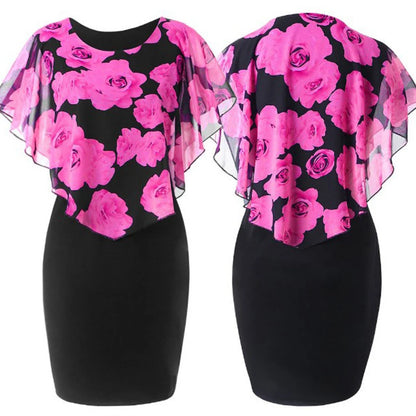 Elegant Rose Flower Print Cape Mesh Bodycon Knee Length Dresses