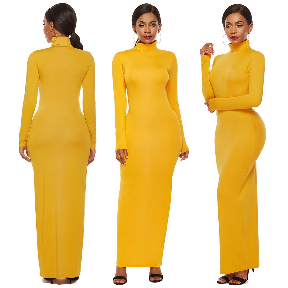 Plus Size Women Long Sleeve Turtleneck Bodycon Maxi Dress