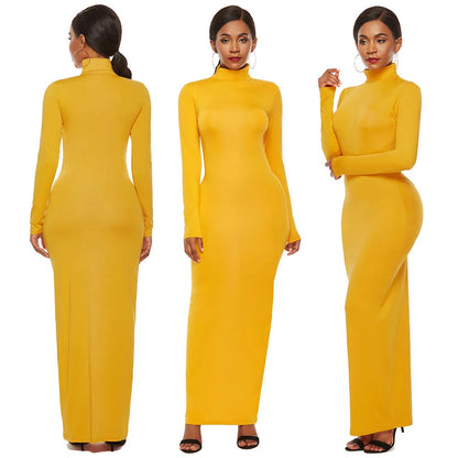 Plus Size Women Long Sleeve Turtleneck Bodycon Maxi Dress