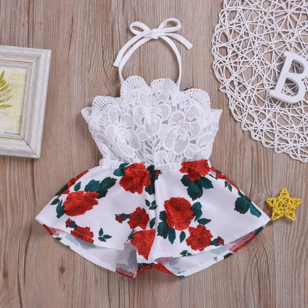 0-3Y Infant Romper Sleeveless Belt Lace Flowers Print Jumpsuit