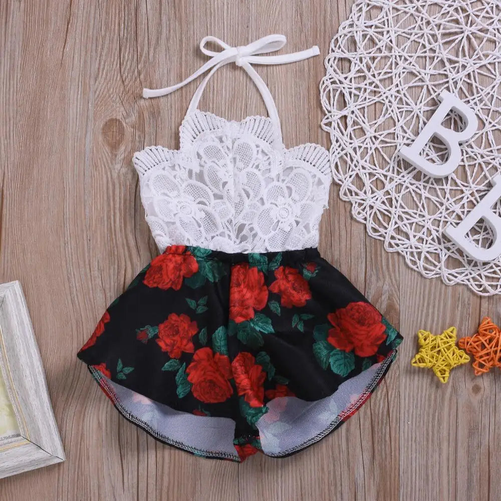 0-3Y Infant Romper Sleeveless Belt Lace Flowers Print Jumpsuit