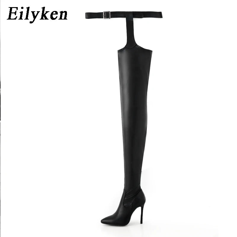 Eilyken Sexy Waist Buckle Strap Thin High Heels Women Boots Over The Knee Booties Pointed Toe Female Winter Shoes