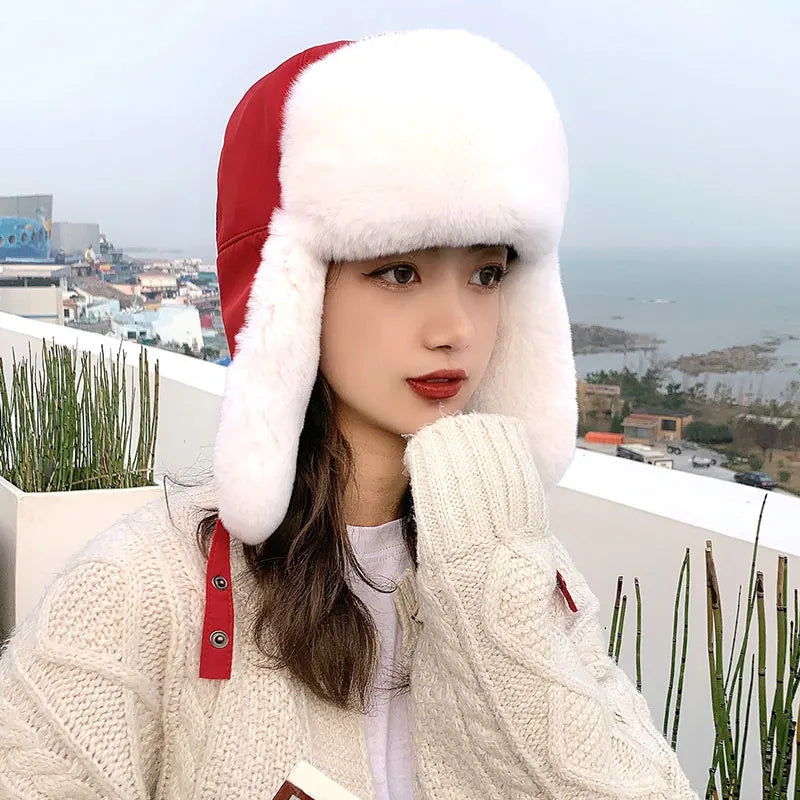 Fur Hat for Women Natural Rex Rabbit Fur Russian Ushanka Hats Winter Thick Warm Ears Fashion Bomber Cap