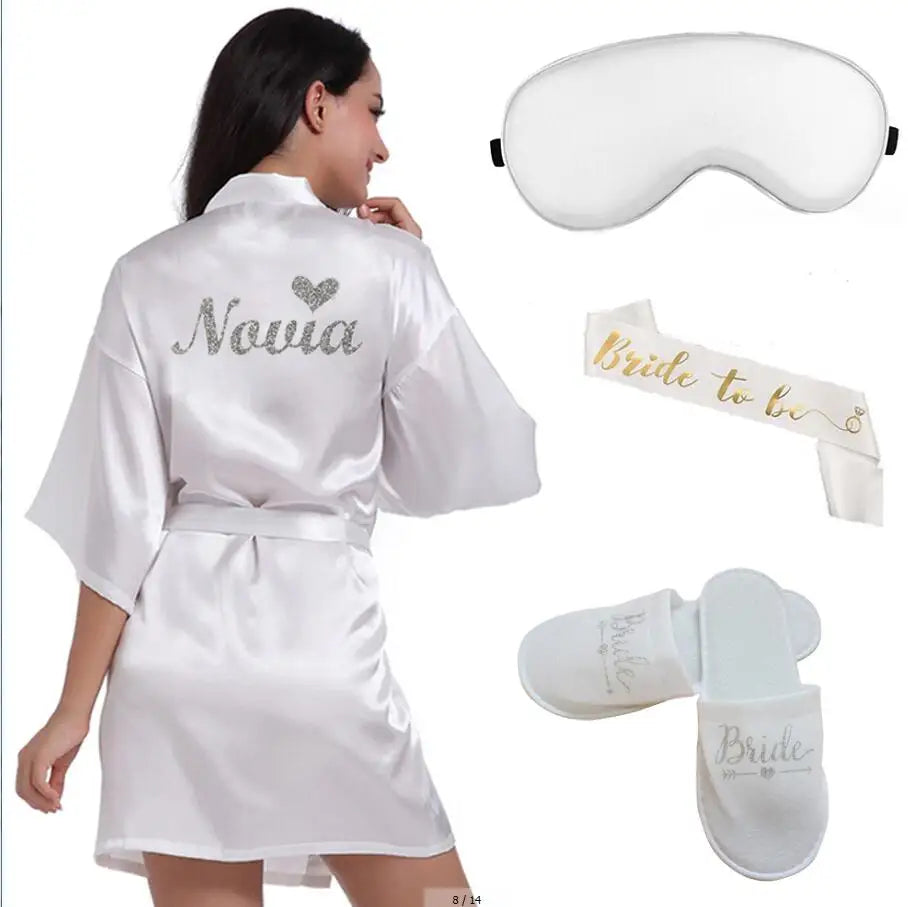4pc set of glitter gold bride satin short bride robe slippers bridal sash peignoir women Bridal Party 2019 kimono robe