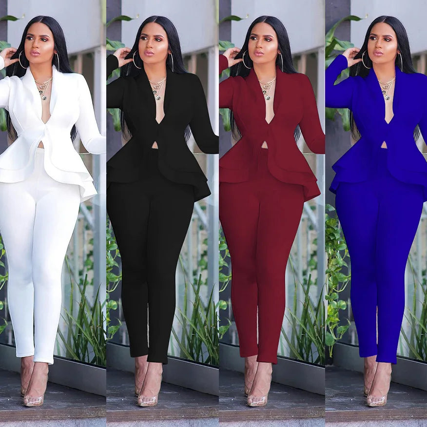 Women's Tracksuit Full Sleeve Ruffles Blazers Pencil Pants Suit Two Piece