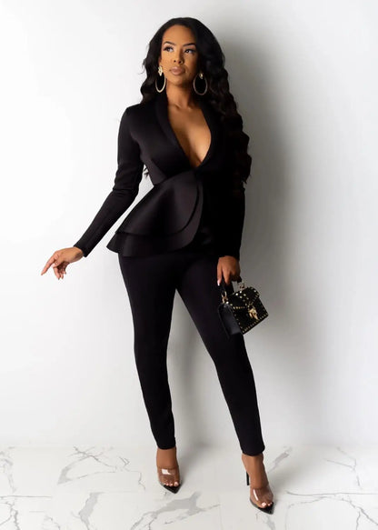 Women's Tracksuit Full Sleeve Ruffles Blazers Pencil Pants Suit Two Piece