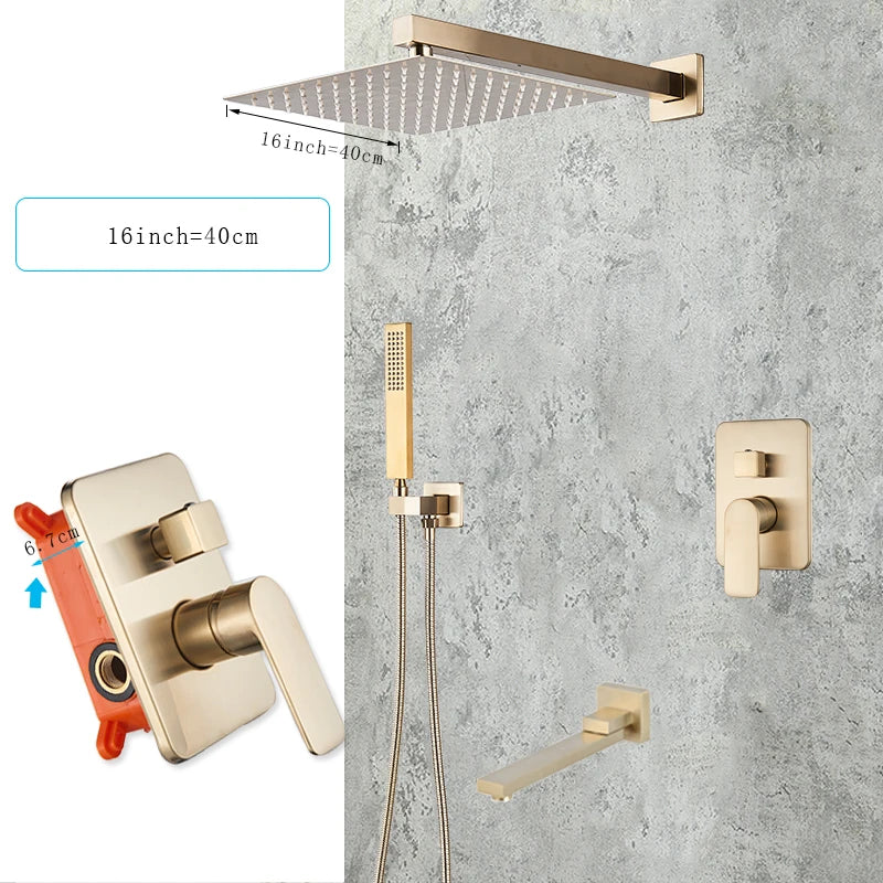 Wall Mounted Concealed Install Brushed Gold Shower Faucets Set Bathroom Shower System Shower Mixer Tap Rainfall